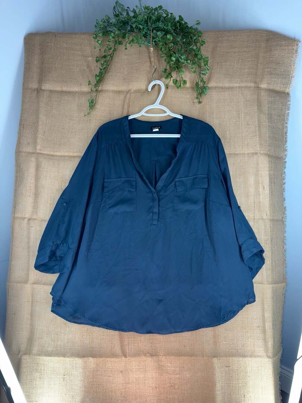13-Torrid Dark Teal Georgette Roll-Tab Sleeve Pullover Blouse Size 3